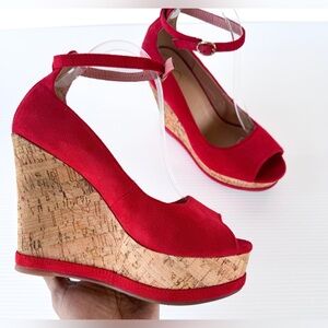 Bakers Red Suede Cork Wedge Sandals Ankle Strap Peep Toe Sz 8 GREAT CONDITION